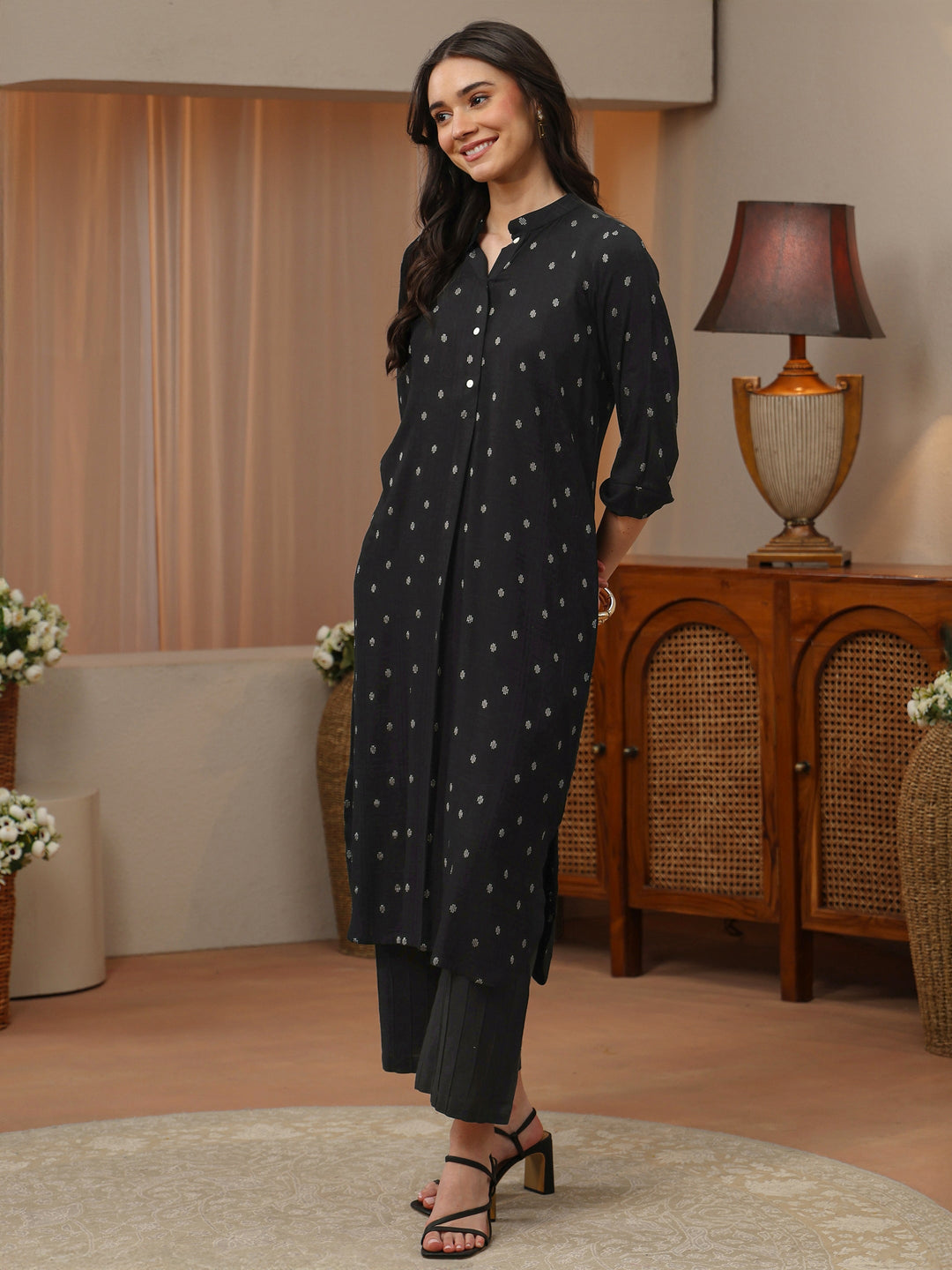 Black Woven Design Rayon Straight Kurta