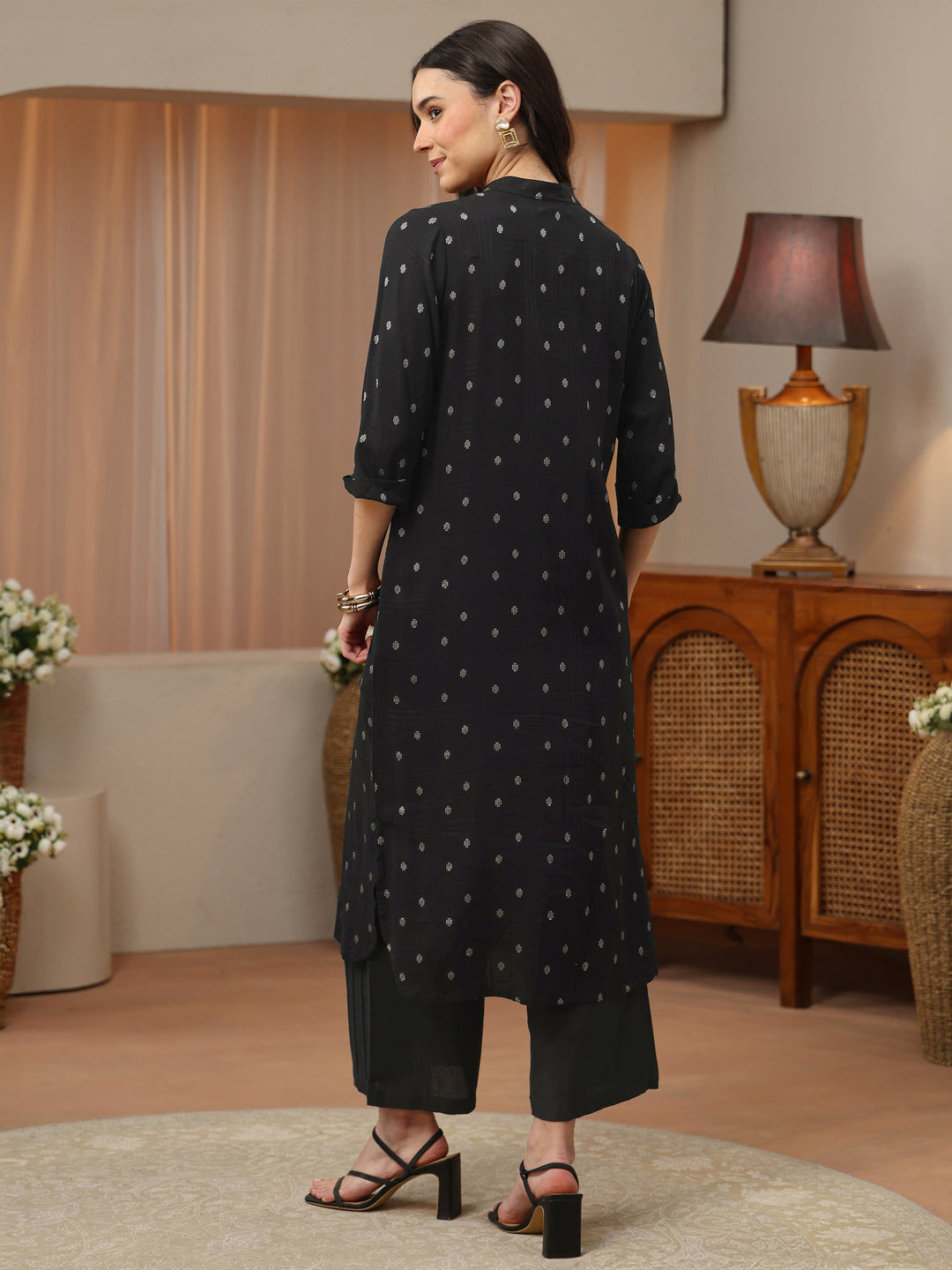 Black Woven Design Rayon Straight Kurta