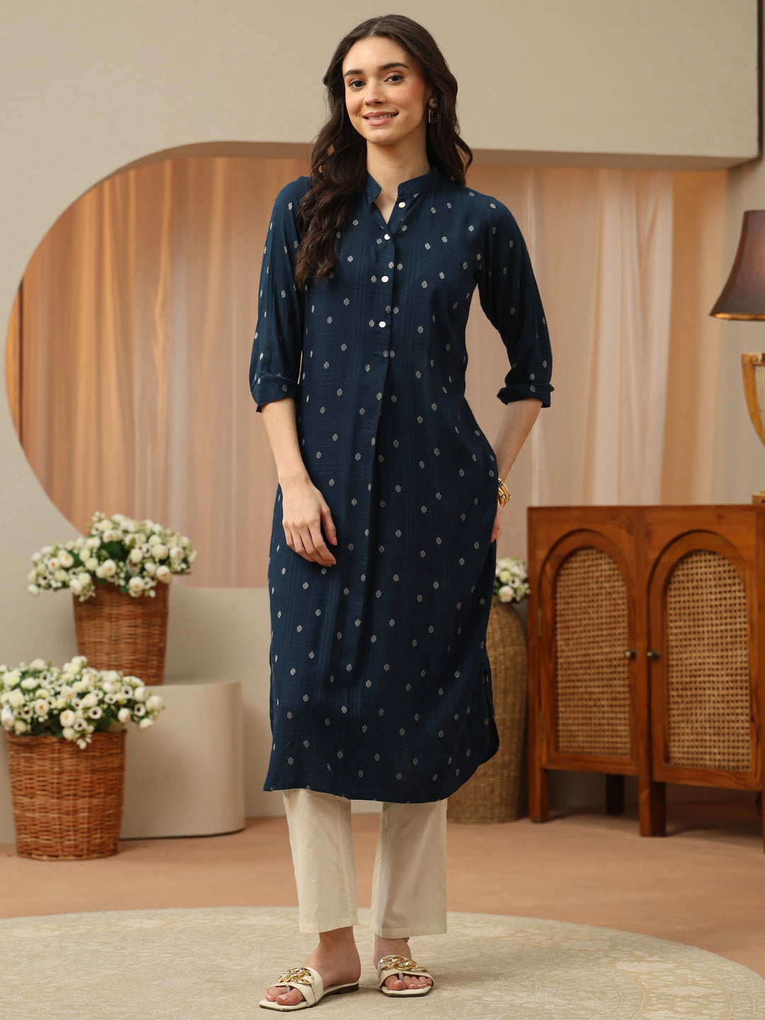 Blue Woven Design Rayon Straight Kurta