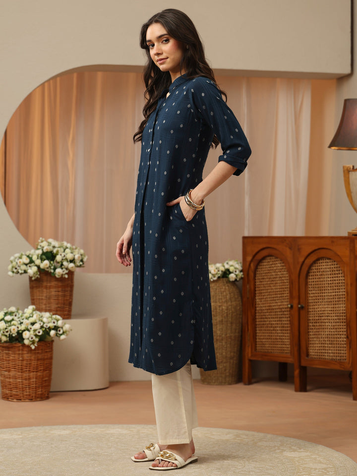Blue Woven Design Rayon Straight Kurta