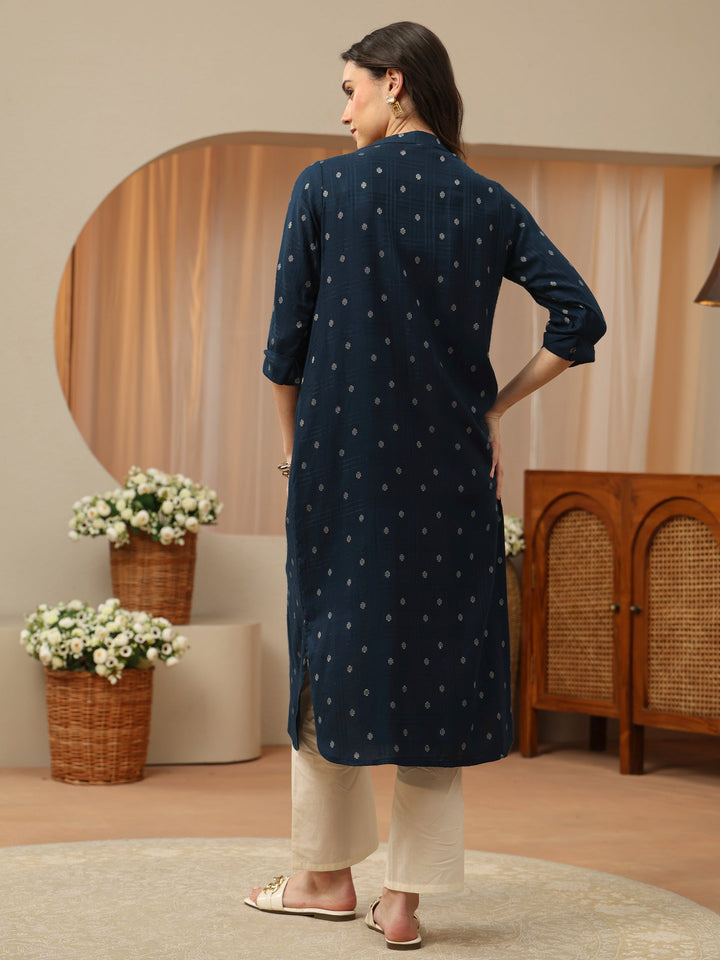 Blue Woven Design Rayon Straight Kurta
