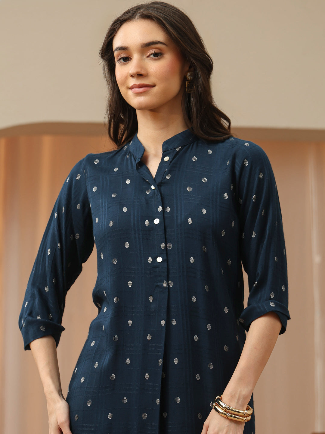 Blue Woven Design Rayon Straight Kurta
