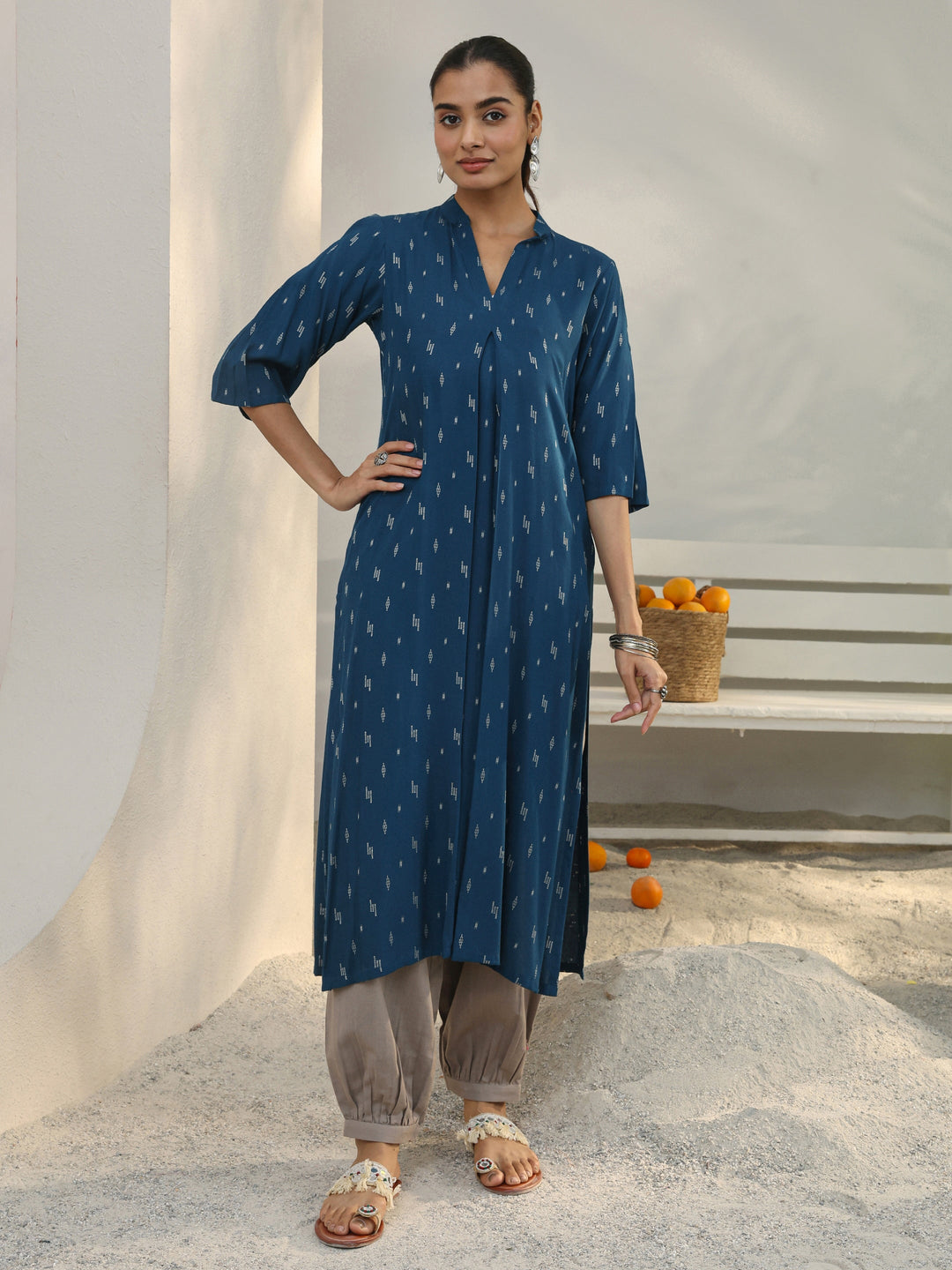 Blue Woven Design Rayon Straight Kurta