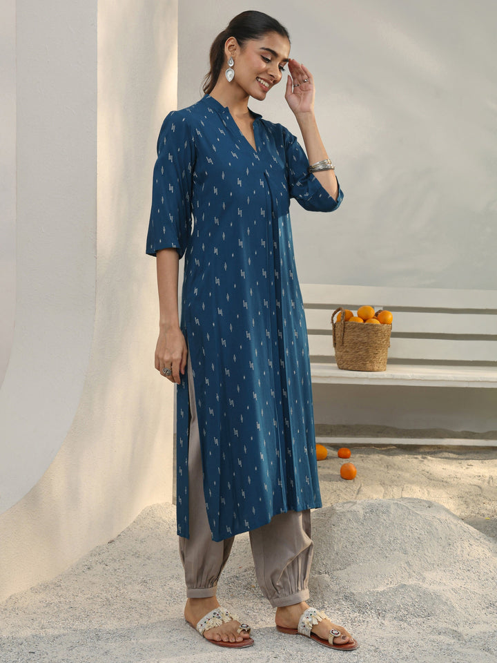 Blue Woven Design Rayon Straight Kurta