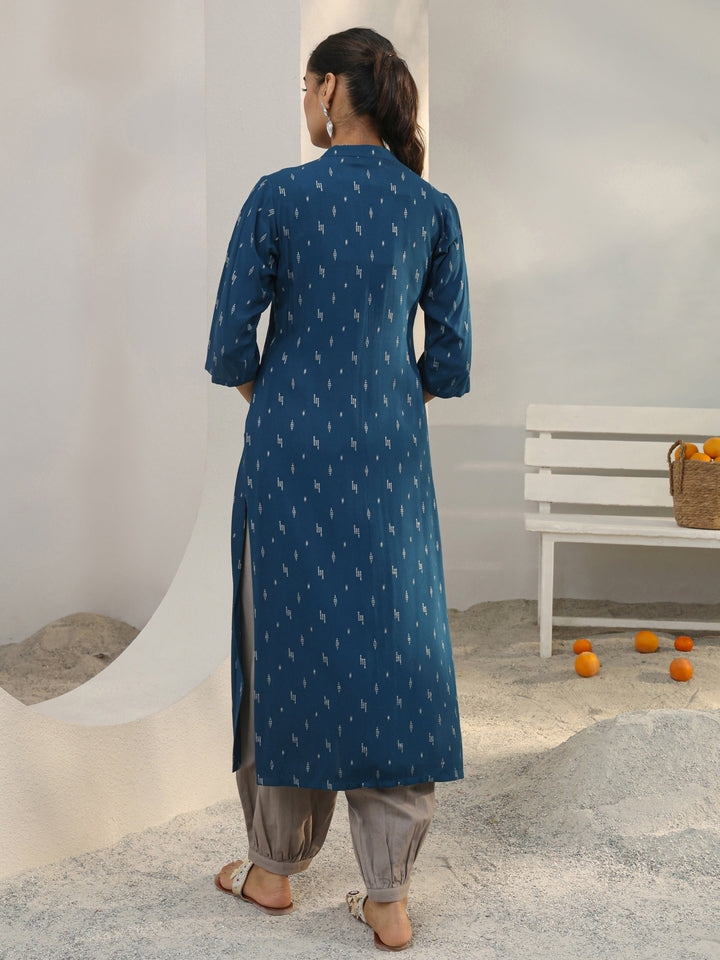 Blue Woven Design Rayon Straight Kurta
