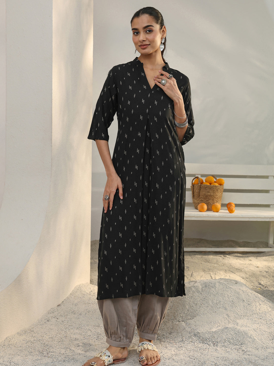 Black Woven Design Rayon Straight Kurta