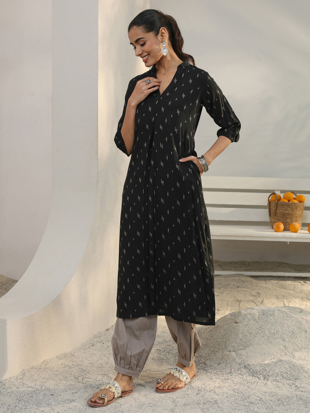 Black Woven Design Rayon Straight Kurta
