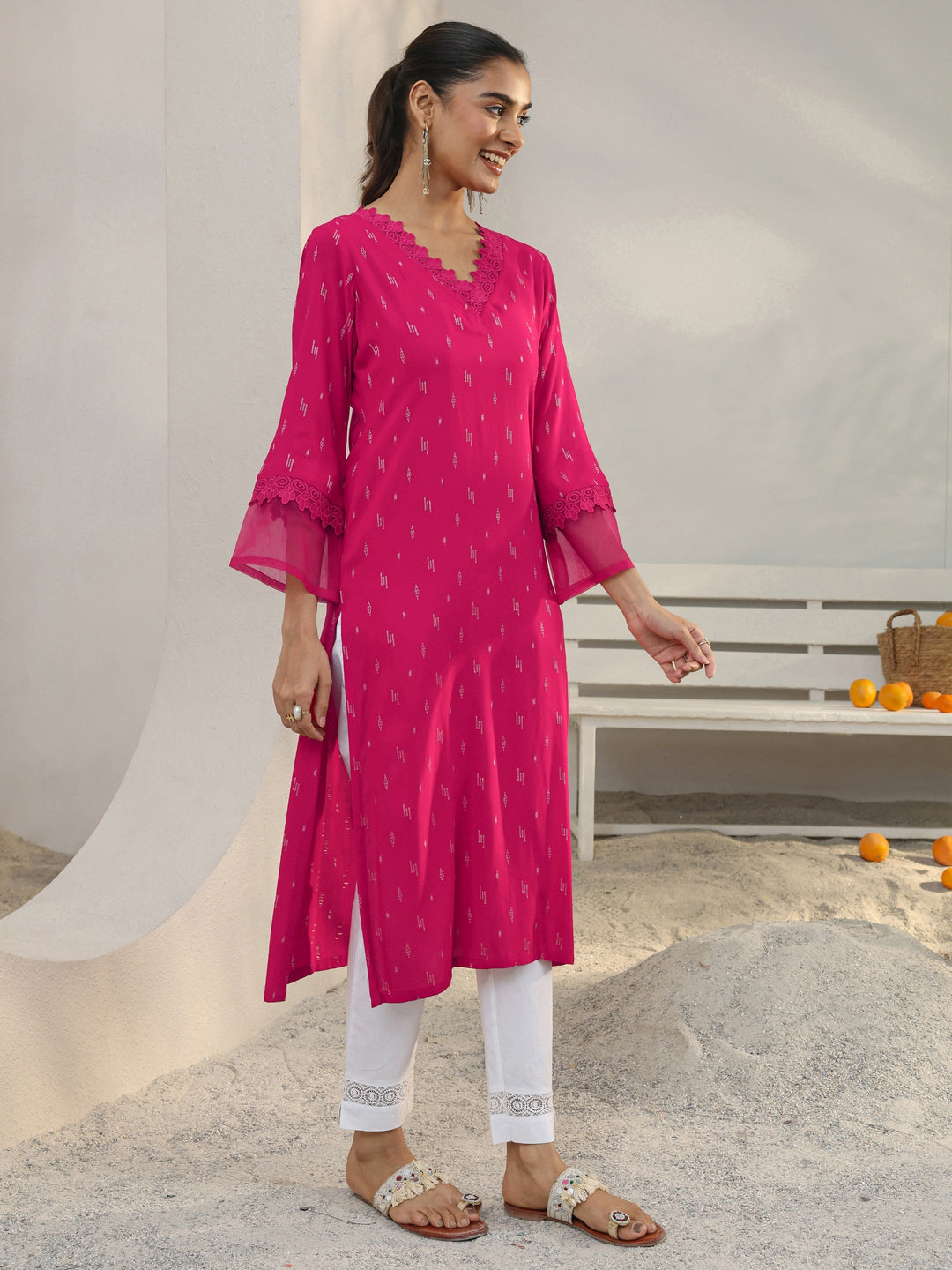 Pink Woven Design Rayon Straight Kurta