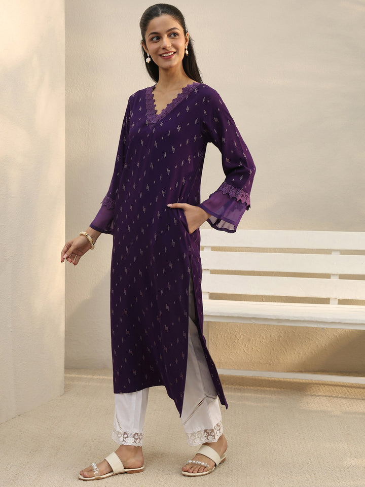 Purple Woven Design Rayon Straight Kurta