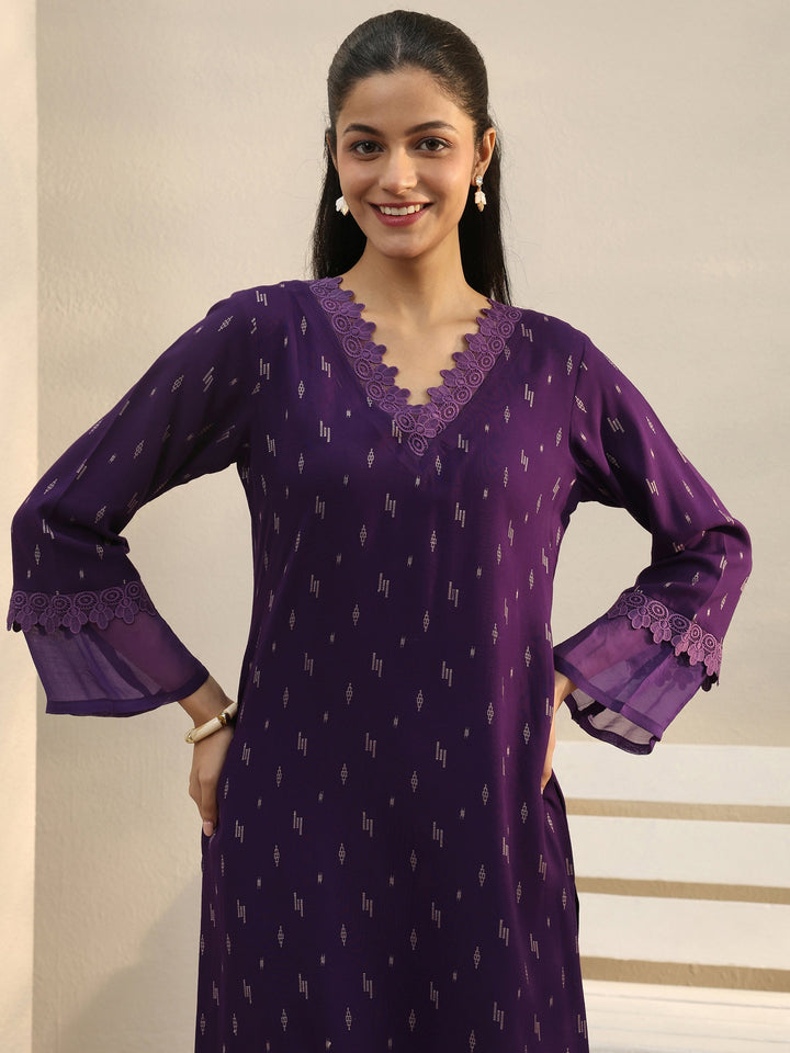 Purple Woven Design Rayon Straight Kurta
