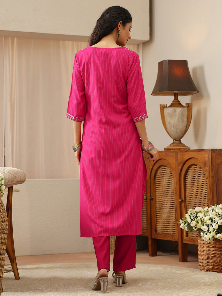 Pink Striped Printed Rayon Straight Kurta