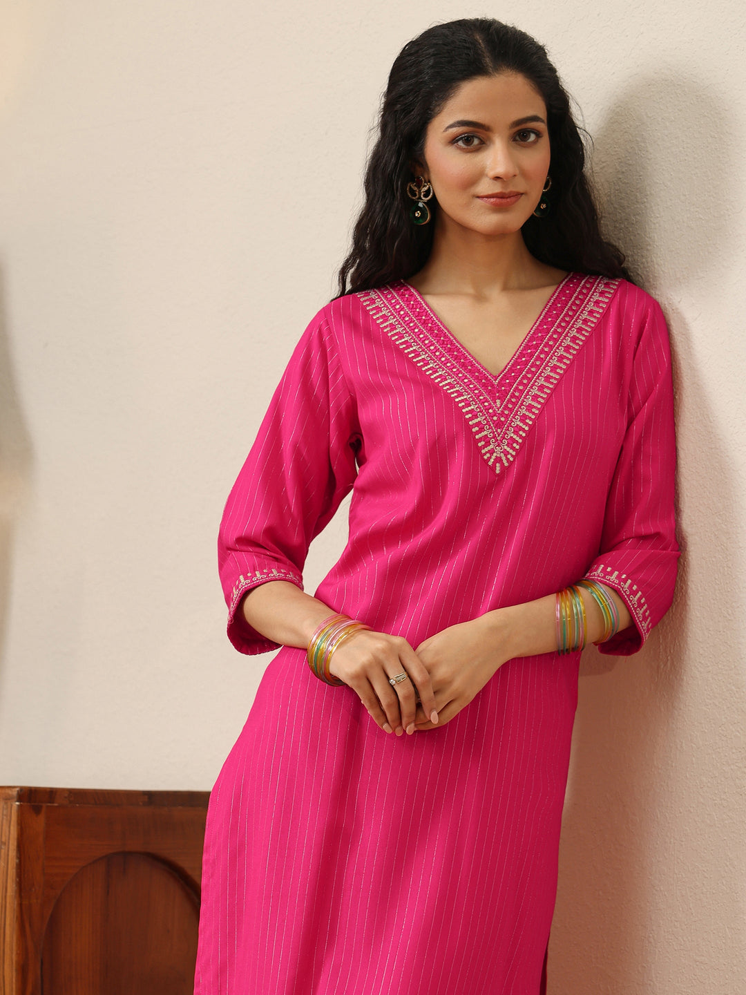 Pink Striped Printed Rayon Straight Kurta