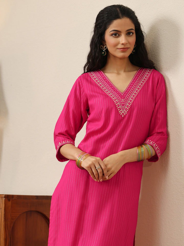 Pink Striped Printed Rayon Straight Kurta
