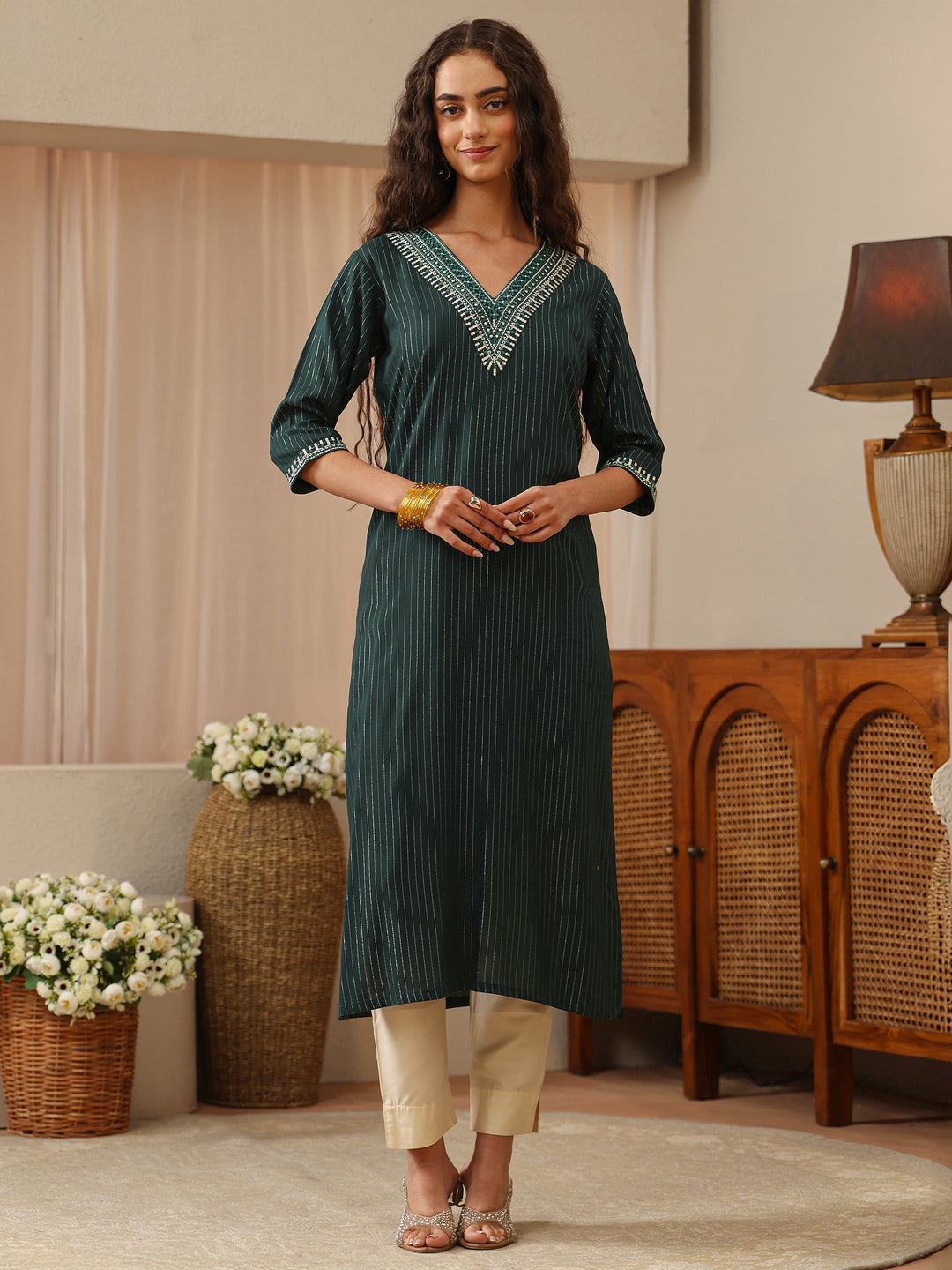 Green Striped Printed Rayon Straight Kurta
