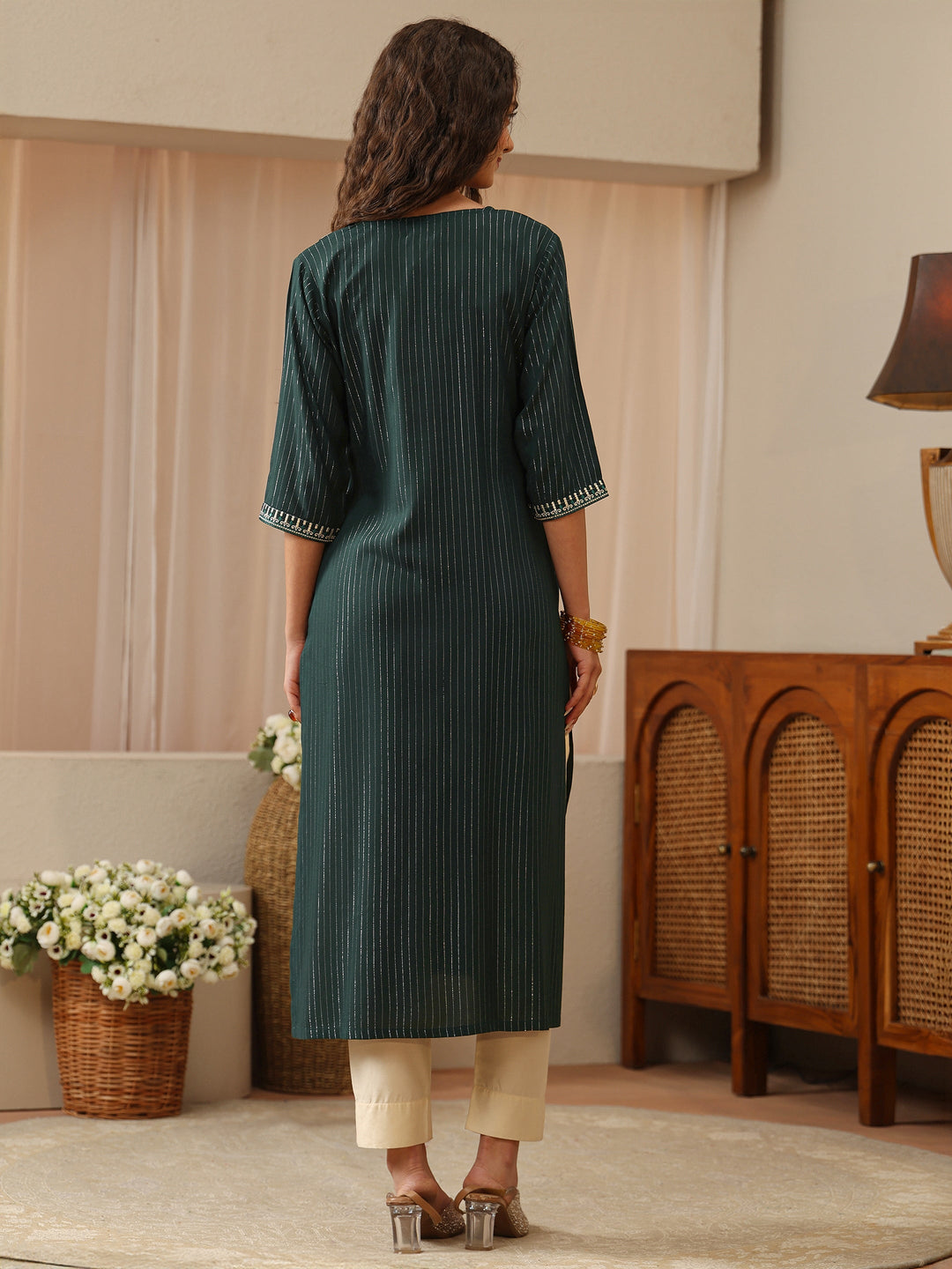 Green Striped Printed Rayon Straight Kurta
