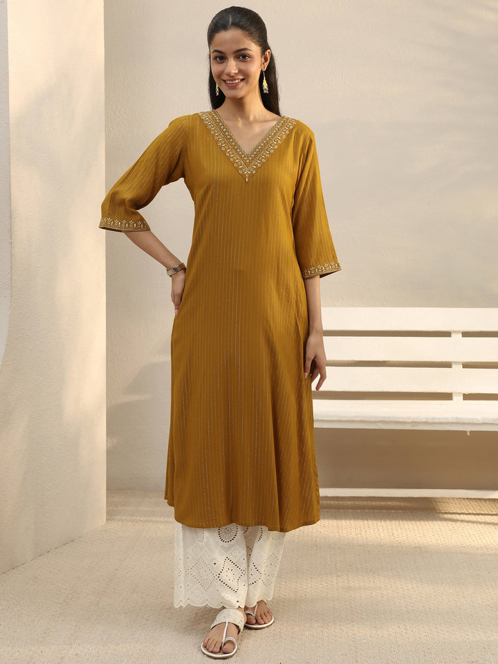 Mustard Striped Rayon Straight Kurta