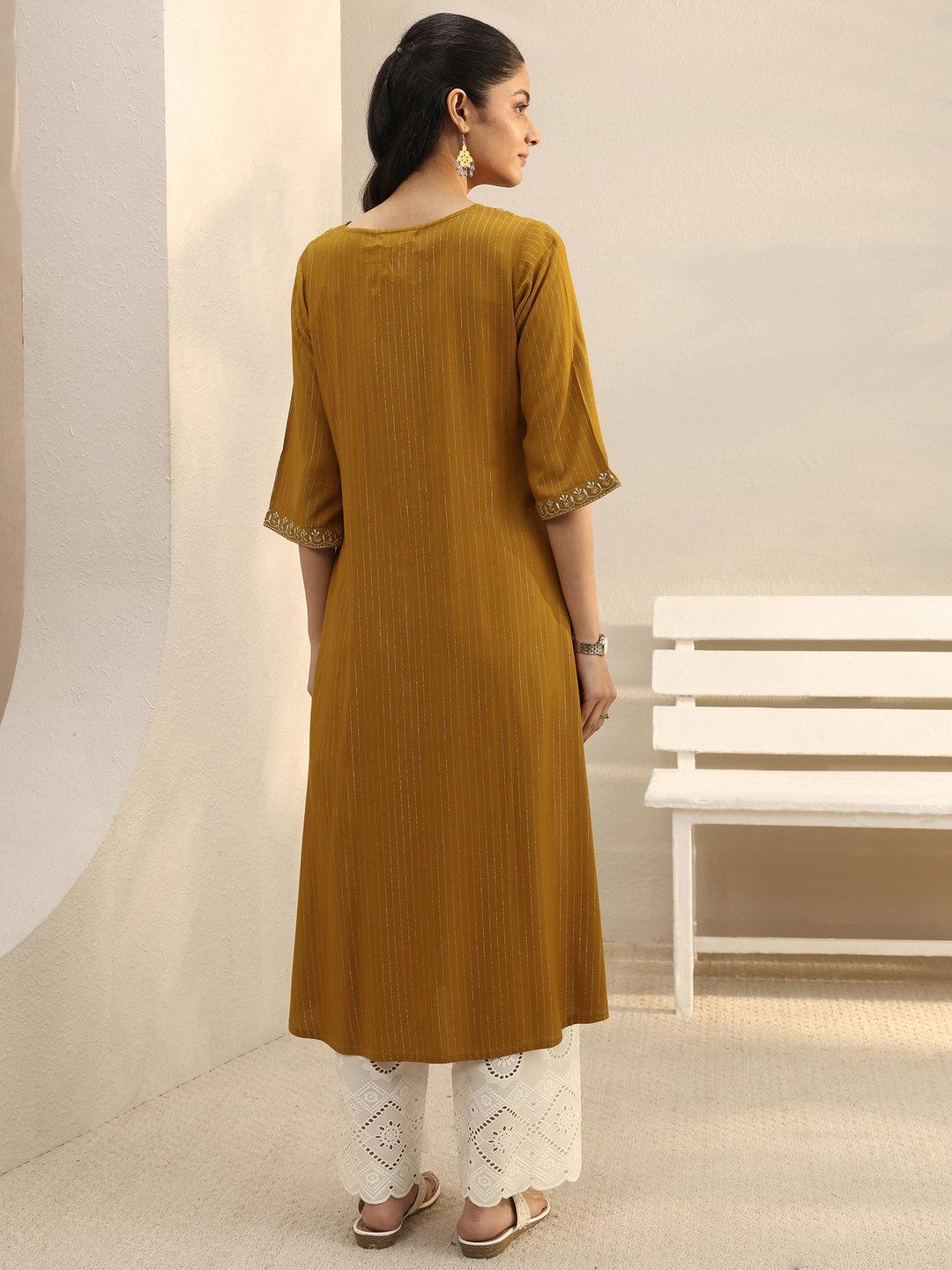 Mustard Striped Rayon Straight Kurta