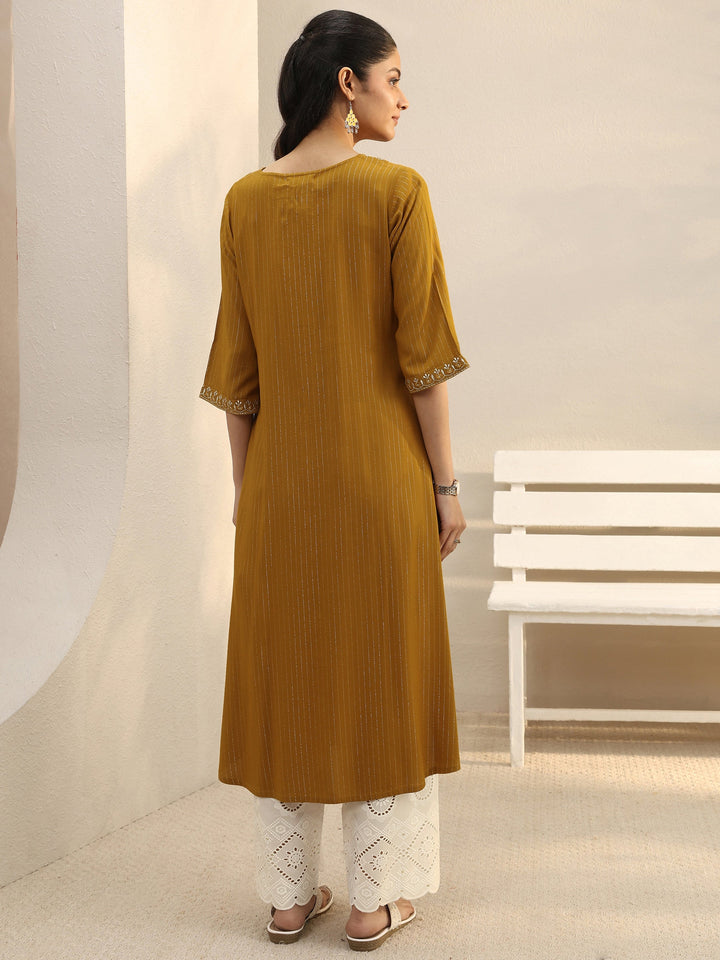 Mustard Striped Rayon Straight Kurta