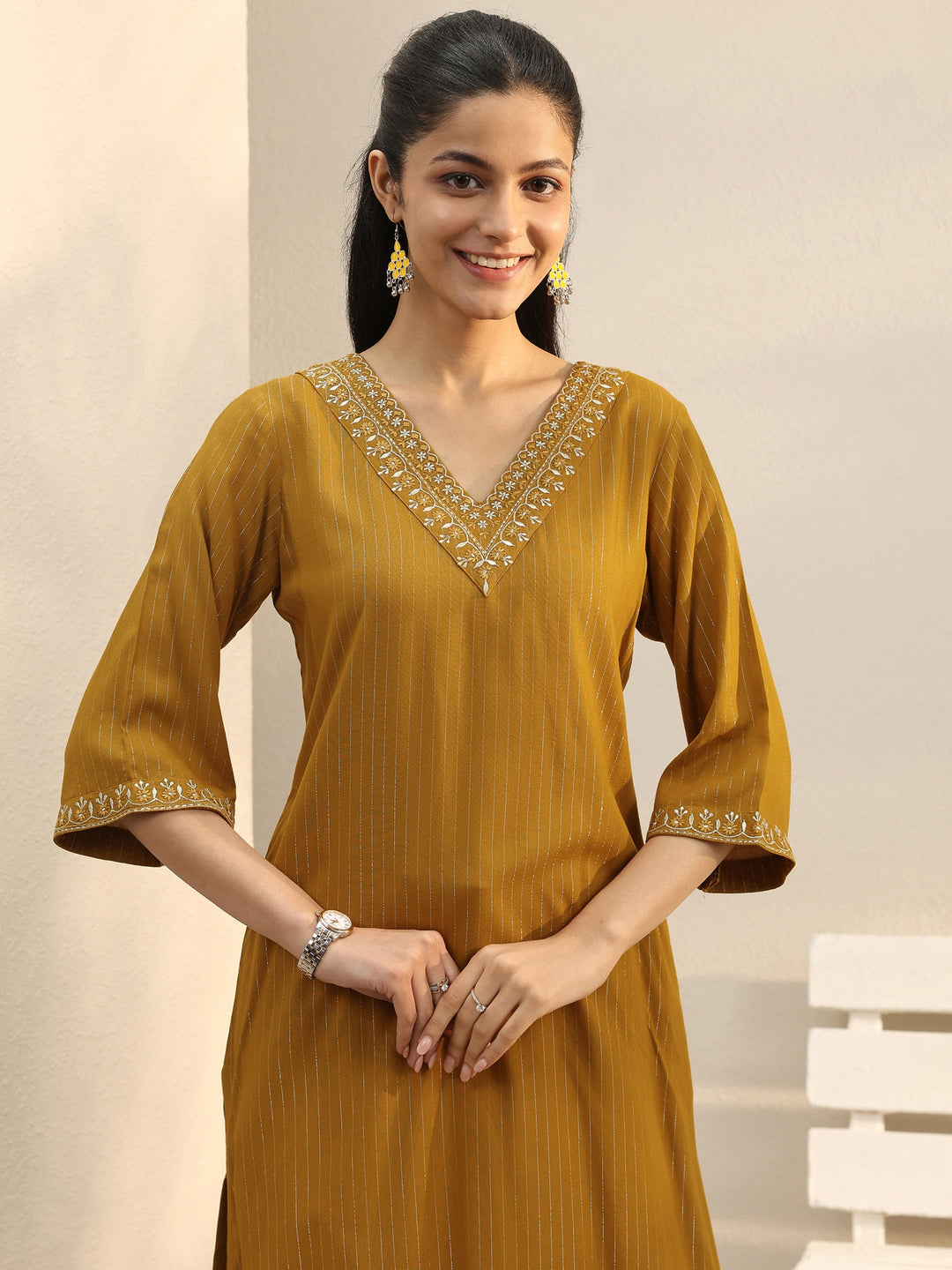 Mustard Striped Rayon Straight Kurta