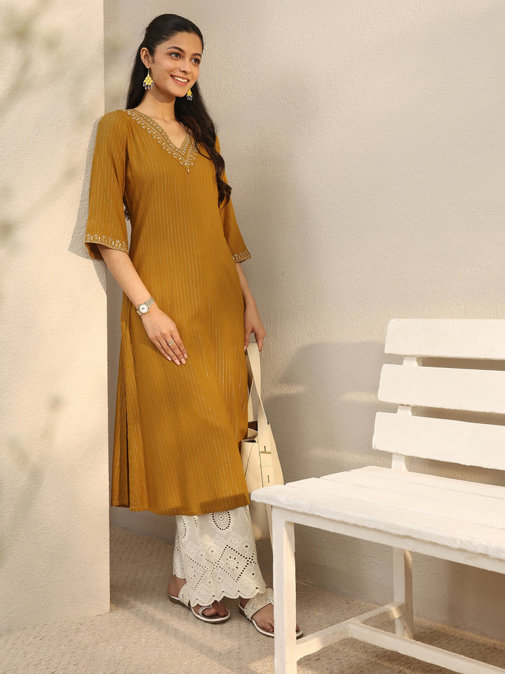 Mustard Striped Rayon Straight Kurta