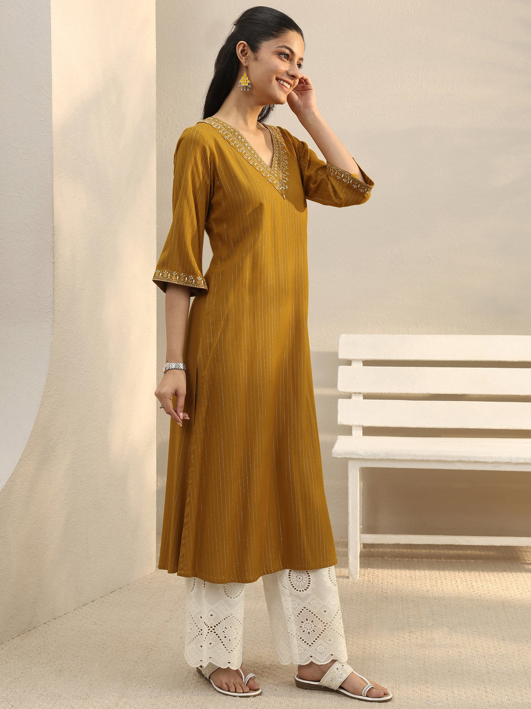 Mustard Striped Rayon Straight Kurta