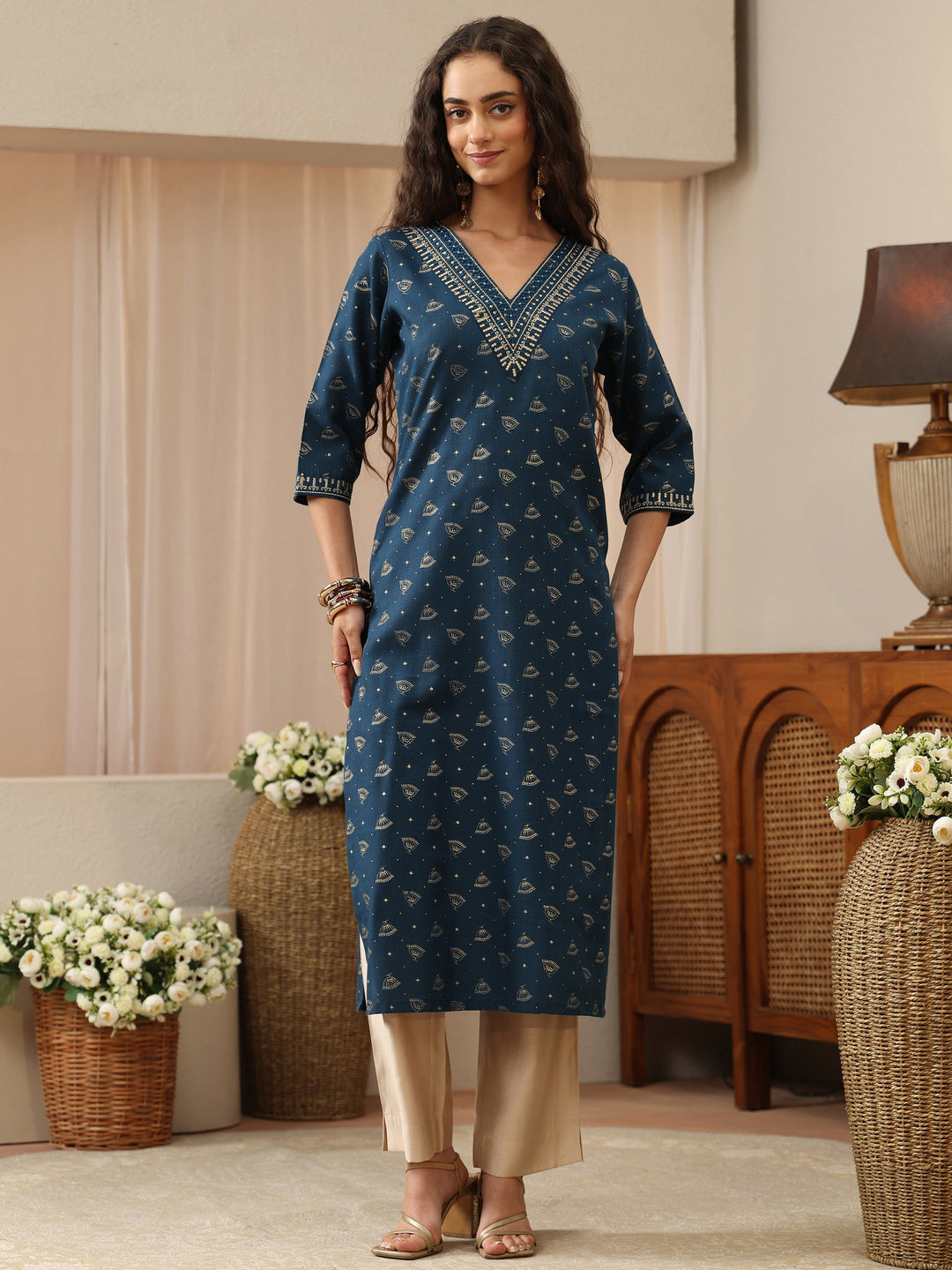 Blue Ethnic Woven Design Cotton Blend Straight Kurta