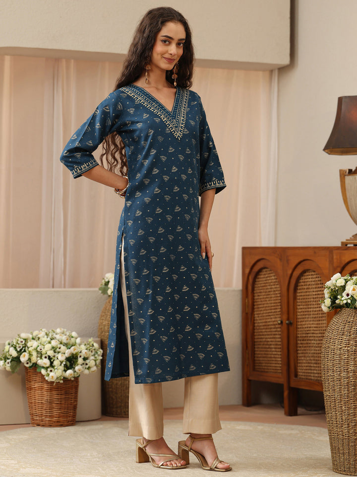 Blue Ethnic Woven Design Cotton Blend Straight Kurta