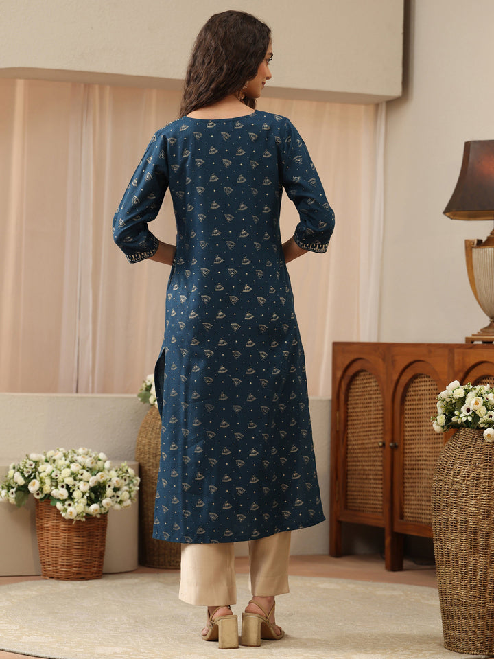 Blue Ethnic Woven Design Cotton Blend Straight Kurta