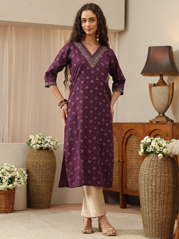 Burgundy Ethnic Woven Design Cotton Blend Straight Kurta