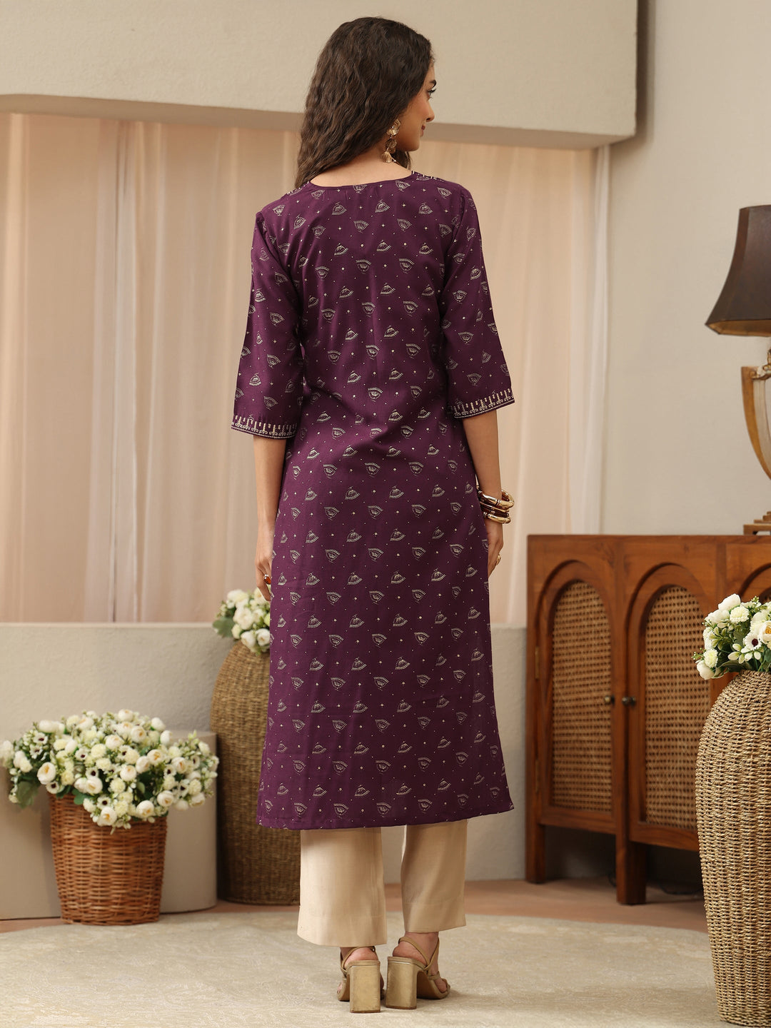 Burgundy Ethnic Woven Design Cotton Blend Straight Kurta