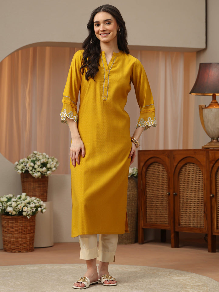 Mustard Woven Design Silk Blend Straight Kurta