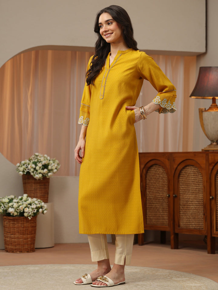 Mustard Woven Design Silk Blend Straight Kurta