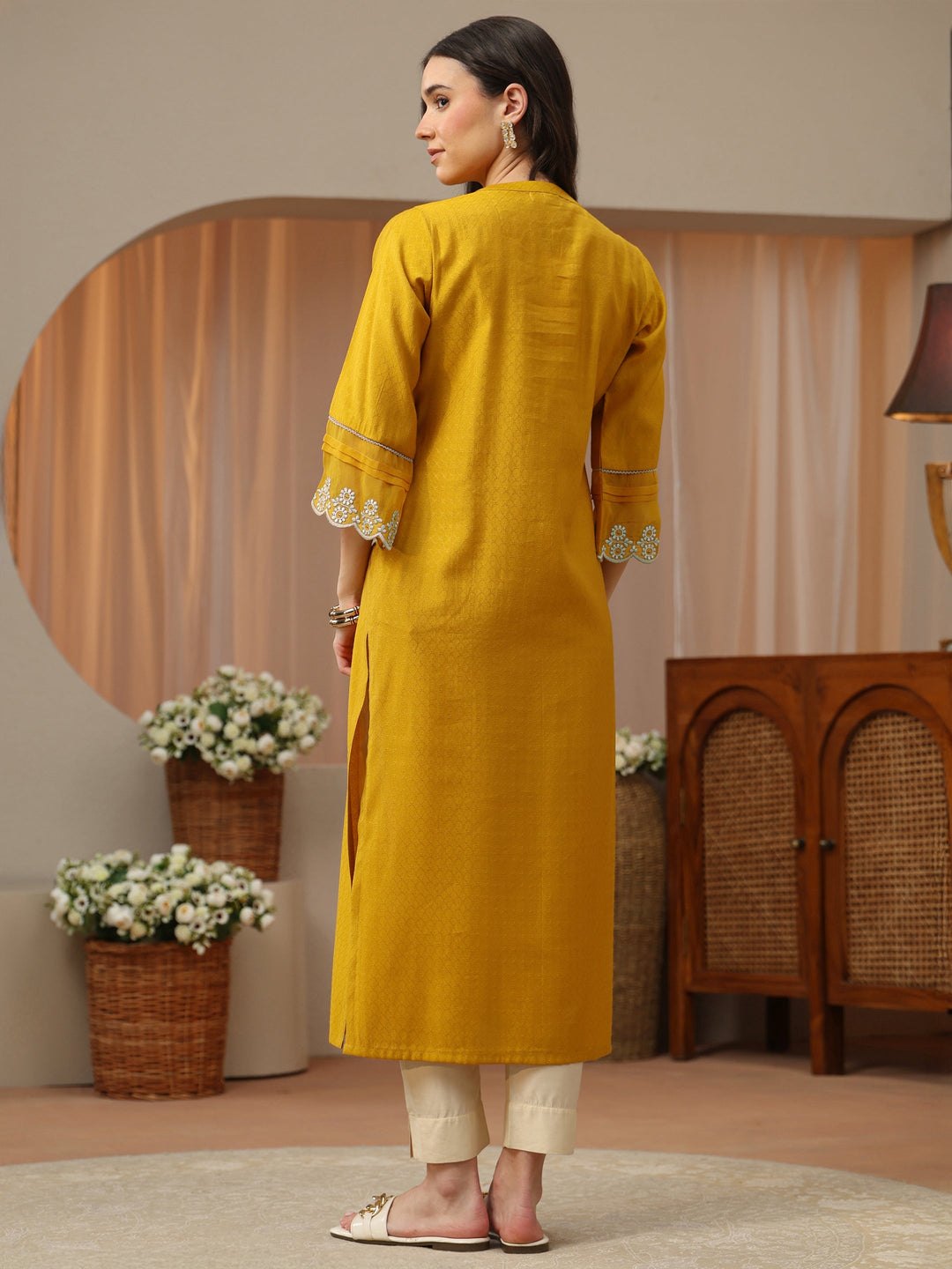 Mustard Woven Design Silk Blend Straight Kurta