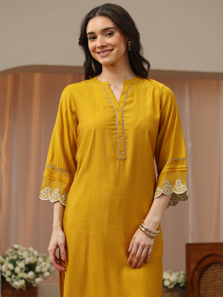 Mustard Woven Design Silk Blend Straight Kurta
