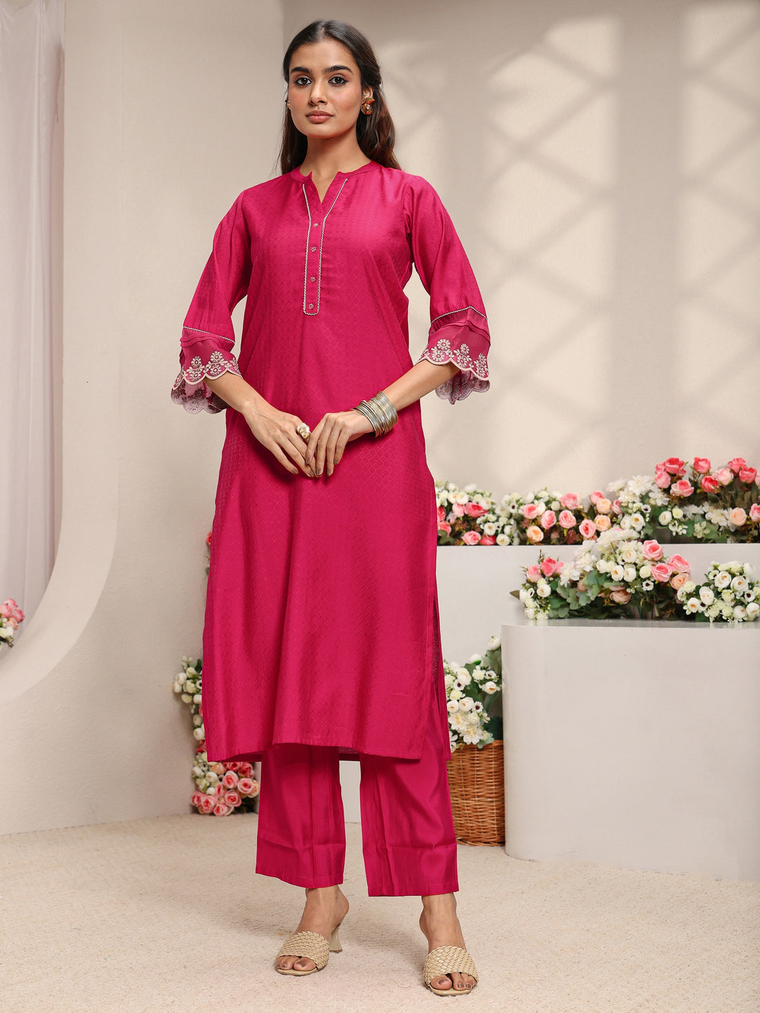 Pink Woven Design Silk Blend Straight Kurta