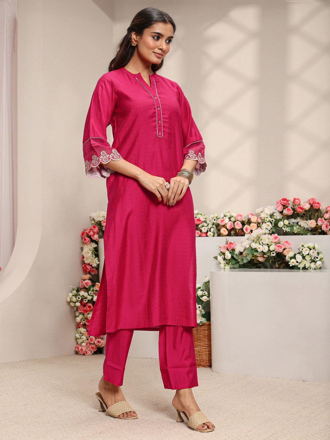 Pink Woven Design Silk Blend Straight Kurta