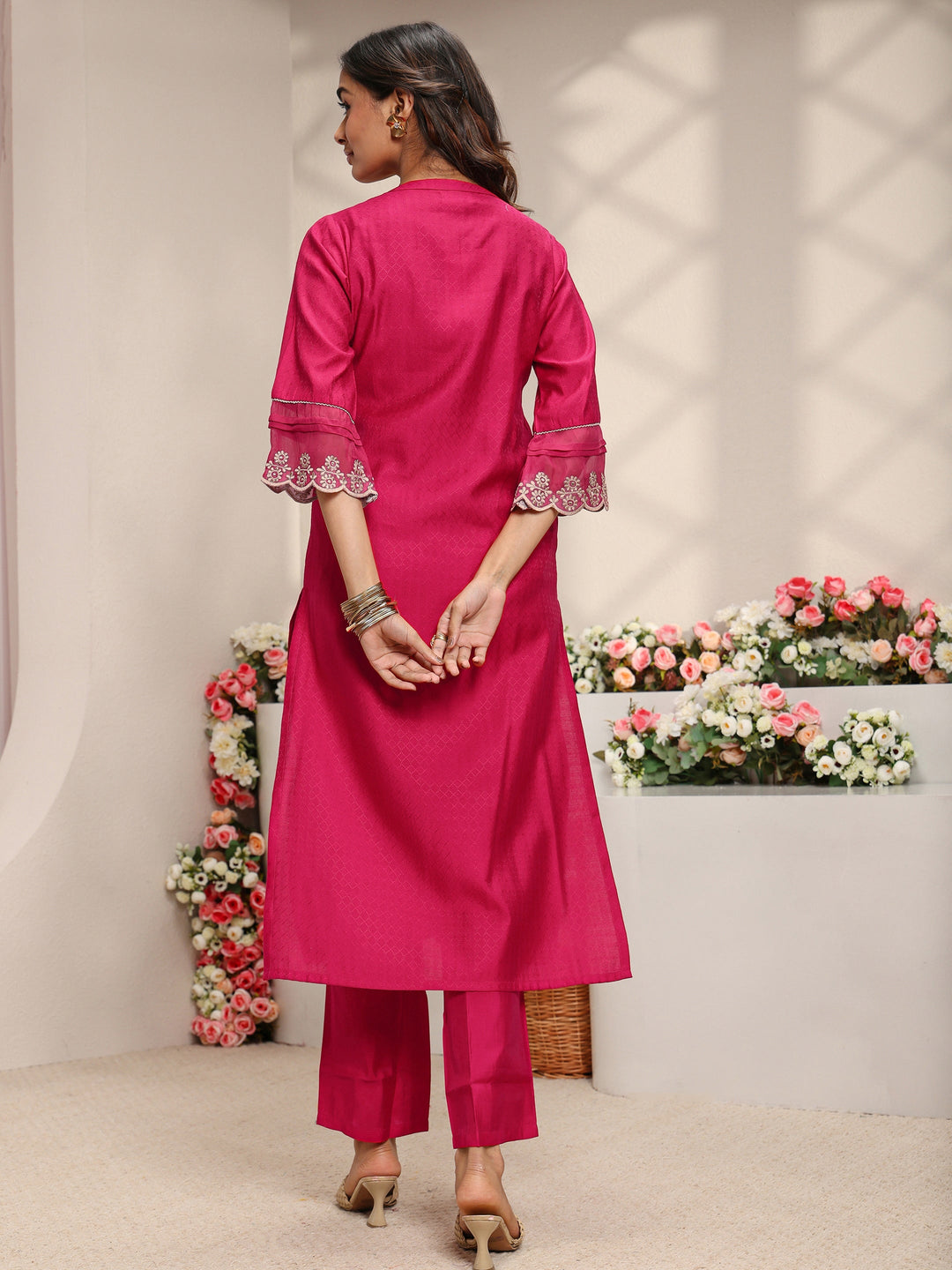 Pink Woven Design Silk Blend Straight Kurta
