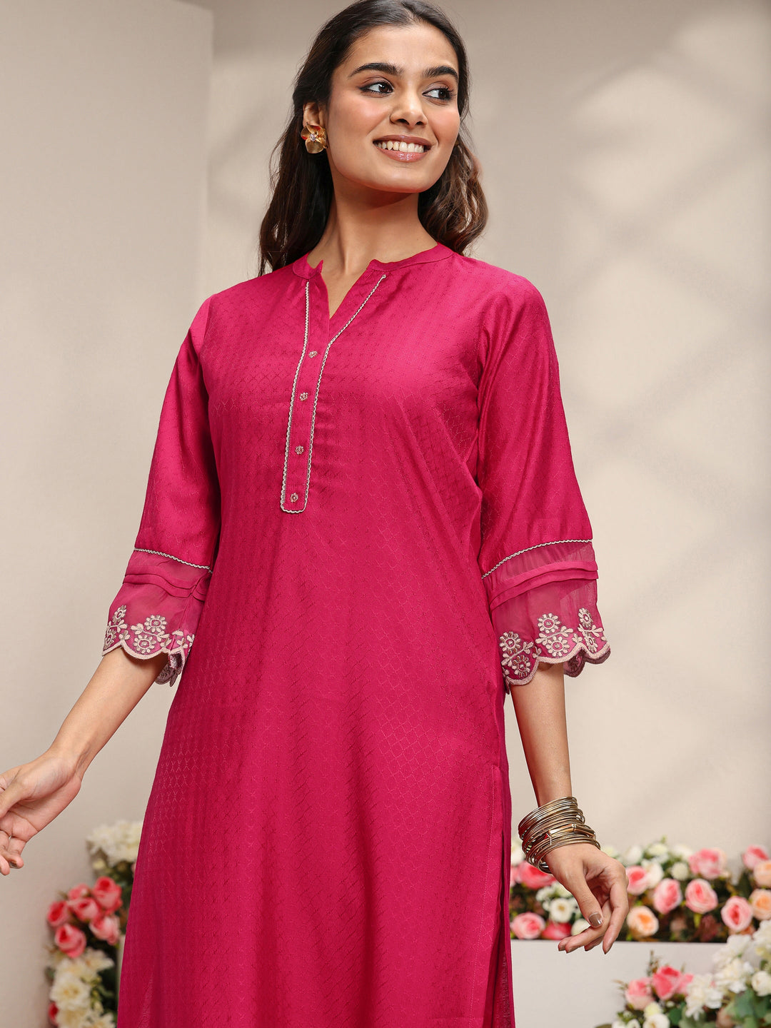 Pink Woven Design Silk Blend Straight Kurta