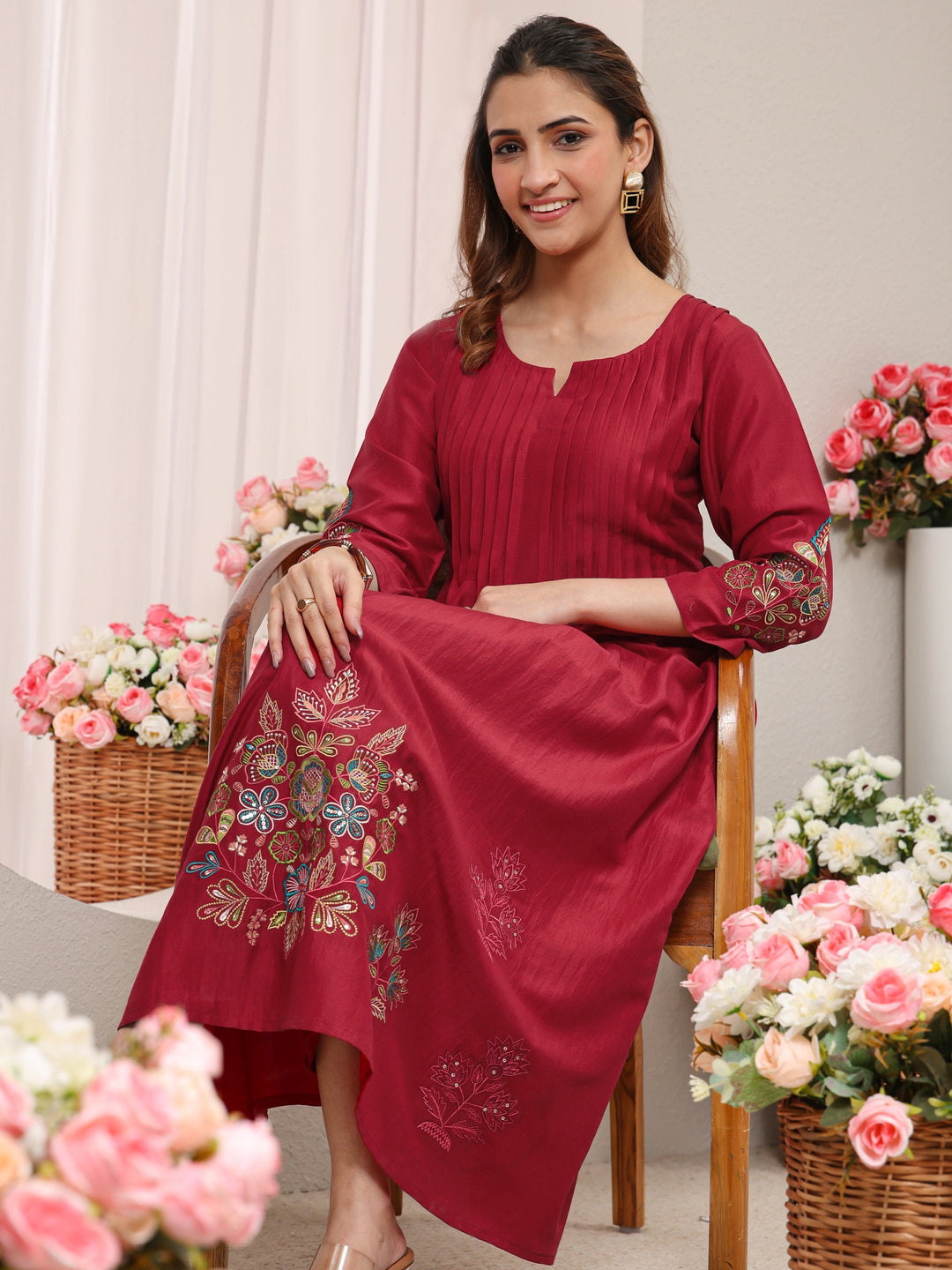 Red Floral Embroidered Silk Blend A-Line Kurta
