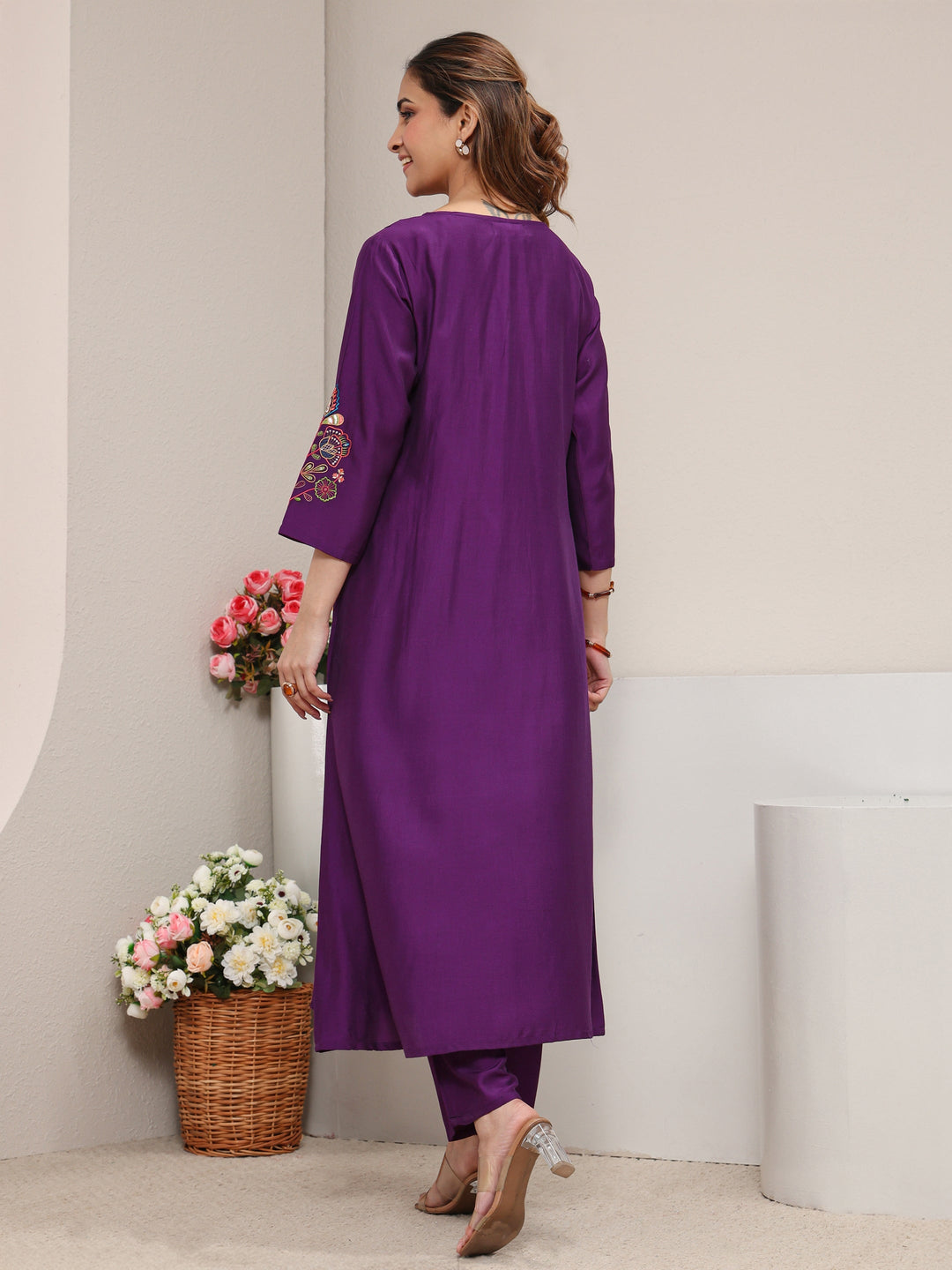 Purple Floral Embroidered Silk Blend A-Line Kurta
