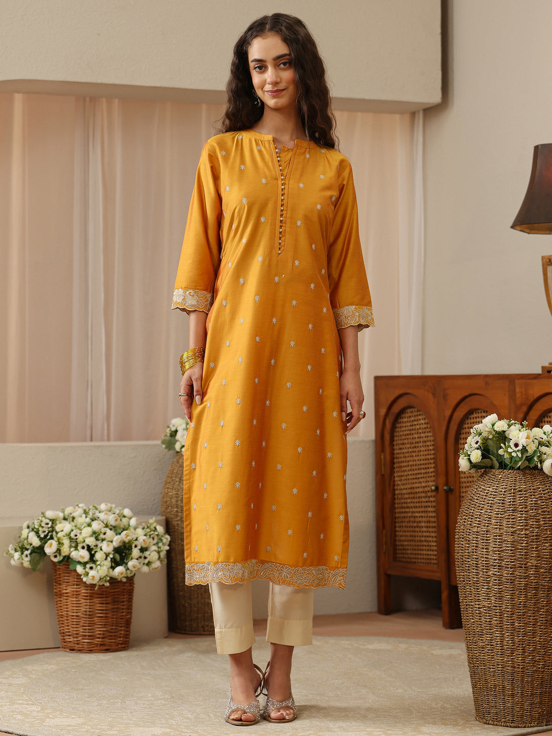 Mustard Woven Design Silk Blend Straight Kurta