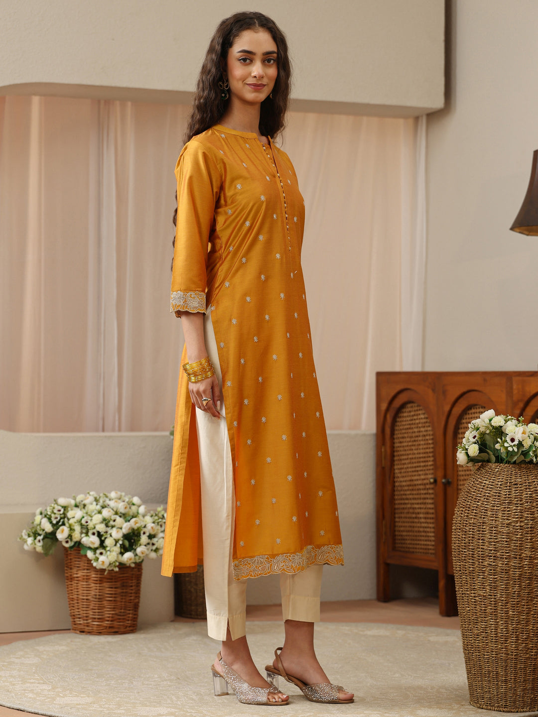 Mustard Woven Design Silk Blend Straight Kurta