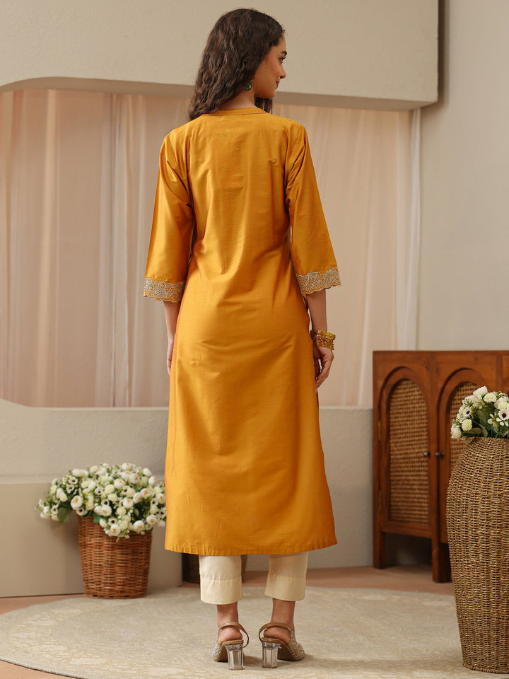 Mustard Woven Design Silk Blend Straight Kurta