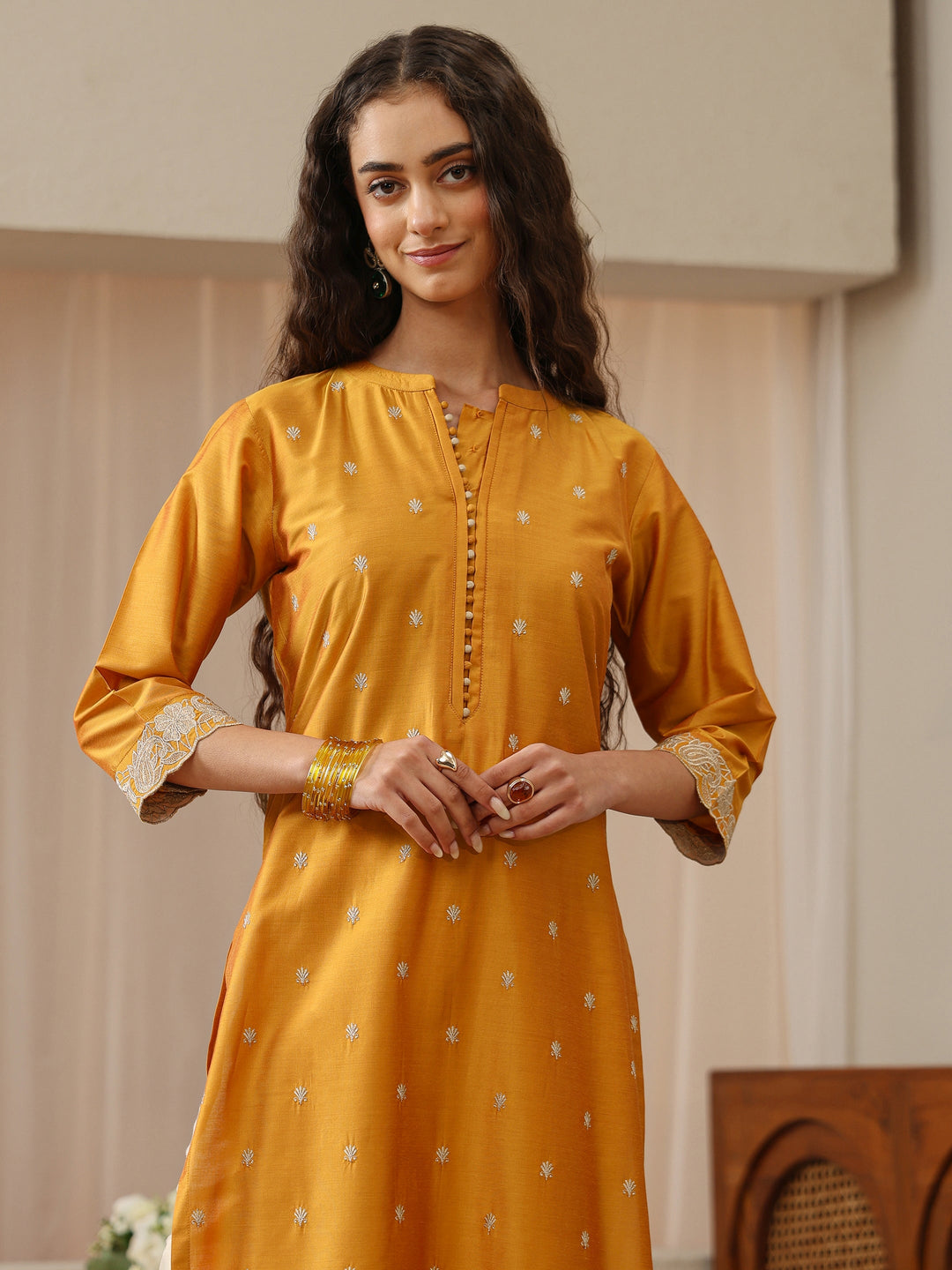 Mustard Woven Design Silk Blend Straight Kurta