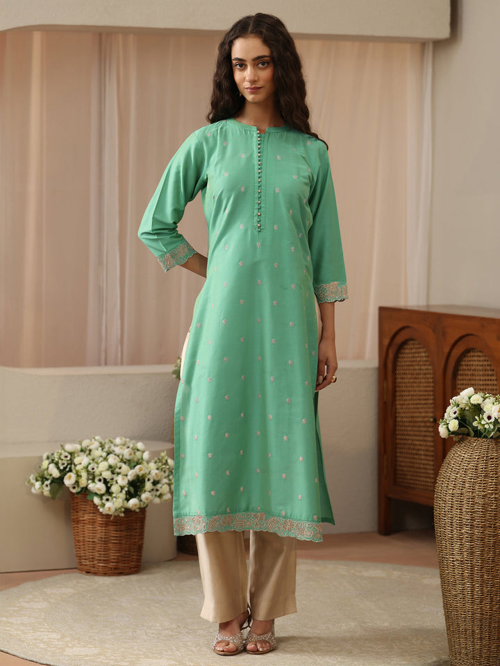 Green Woven Design Silk Blend Straight Kurta