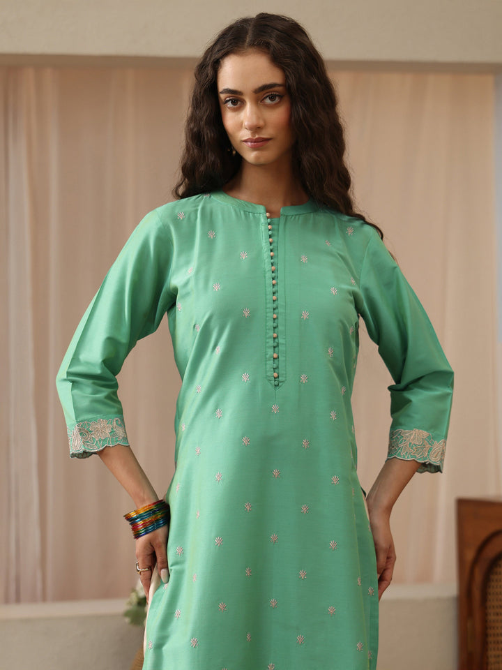 Green Woven Design Silk Blend Straight Kurta
