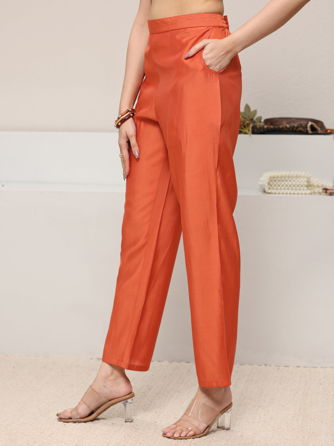 Orange Embellished Silk Blend Straight Kurta