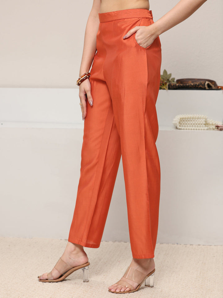 Orange Embellished Silk Blend Straight Kurta