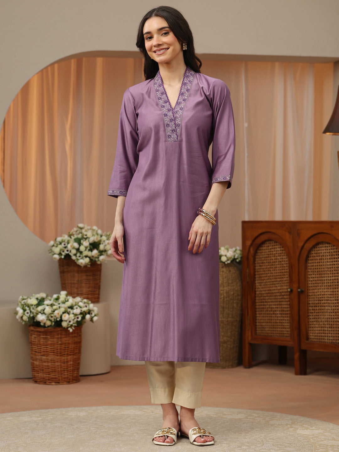 Off White Abstract Printed Panelled A-Line Kurta