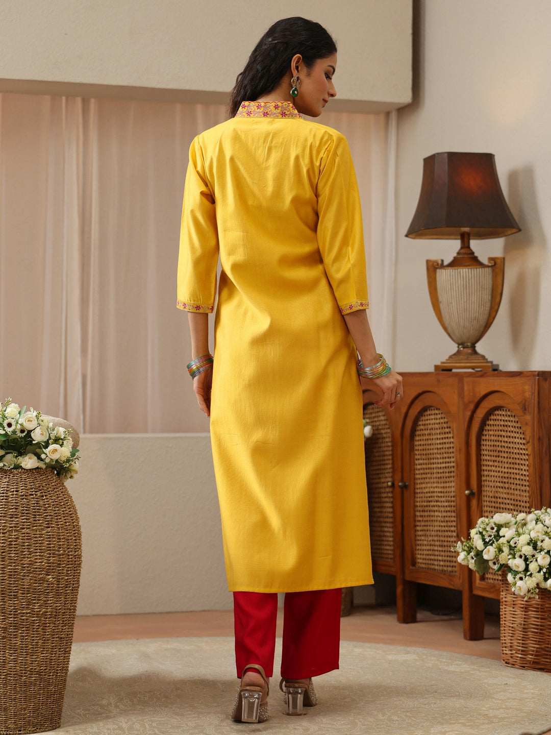 Yellow Yoke Design Silk Blend Straight Kurta